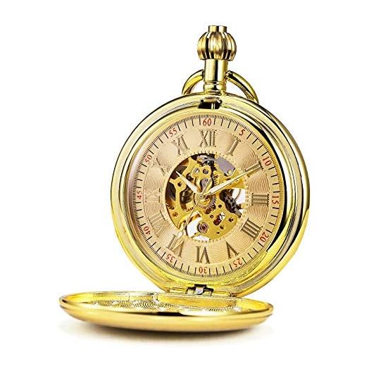 Treeweto Men's Pocket Watches Smooth Golden Antique Mechanical Pocket Watch for Men Women with Chain