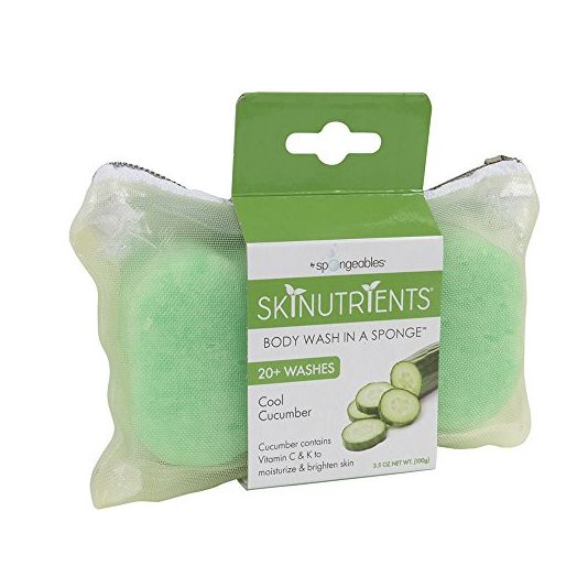 Spongeables Skinutrients Moisturizing Body Wash in a Sponge, Cool Cucumber, With Bonus Travel Bag, Paraben- and Cruelty-Free, 20+ washes, 3.5 oz Sponge