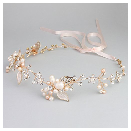 Oriamour Bridal Crystal Headband with Freshwater Pearls Flower Design Wedding Hair Accessories (Gold)