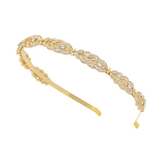 Oriamour Flower Design Rhinestone Crystal Wedding Headband Bridal Headpieces Simple Design Bridal Headband (Gold)