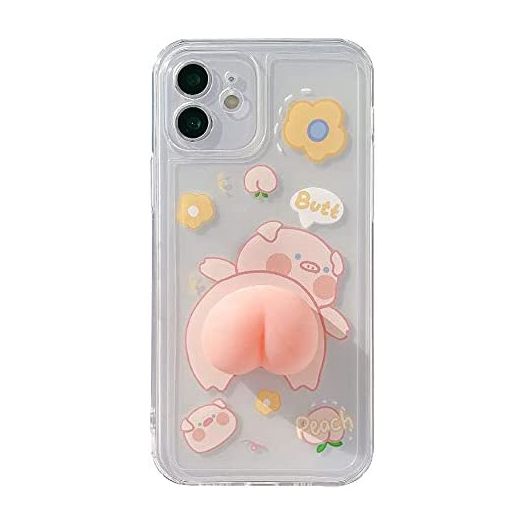 BONTOUJOUR Phone Case for iPhone 11, Funny Novelty Waving 3D Squeezable Peach Butt Piggy Pattern Lovely Pig Case Transparent Soft TPU Silicone Rubber Case Help Relax