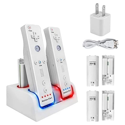 Upgraded Wii Remote Controller Charger Station, Covanm 4 Port Wii Charging Station with 4 Rechargeable Battery for Wii (4 Port Charging Station+4 Replacement Batteries+USB Cable+Free USB Wall Charger)