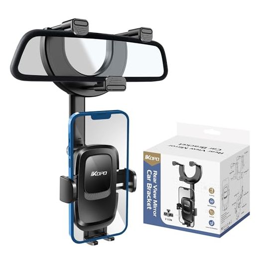 IKOPO Car Phone Holder Rearview Mirror Mount, Sturdiest Shockproof Mobile Cell Phone Mount for Car wiht Adjustable Arm Suitable All Phones and All Car Rearview Mirror