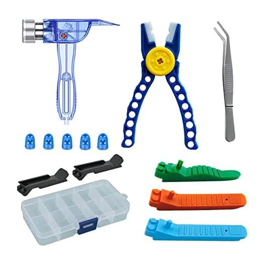 Building Blocks Tool Kit Brick Separator Tools Compatible with Lego &Technic Mini Blocks Tool Set Multi-Functional Hammer Pliers Tweezers Finger Protectors with Tin Box (Blue)