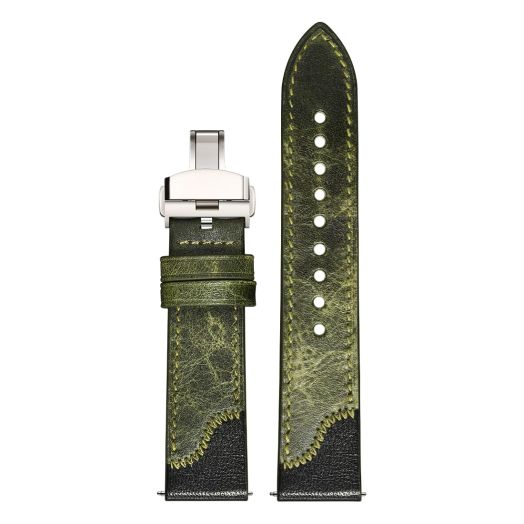 REZERO Full Grain Leather Watch Band, 20mm 21mm 22mm Hand-stitched Two-color Leather Watch Straps with Stainless Steel Deployment Buckle for Men Women