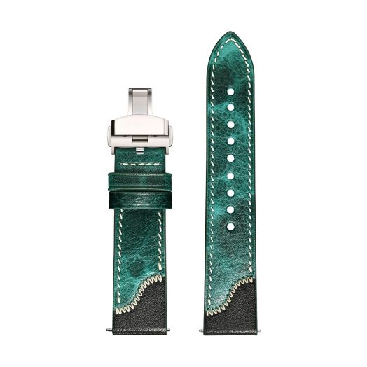 REZERO Full Grain Leather Watch Band, 20mm 21mm 22mm Hand-stitched Two-color Leather Watch Straps with Stainless Steel Deployment Buckle for Men Women