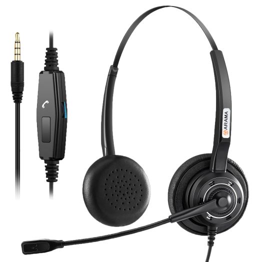 Arama Cell Phone Headset w/Lightweight Secure-Fit Headband, Pro Noise Canceling Mic and in-line Controls 3.5mm Headset for iPhone, Samsung, LG, HTC, BlackBerry Mobile Phone and iPad Tablets