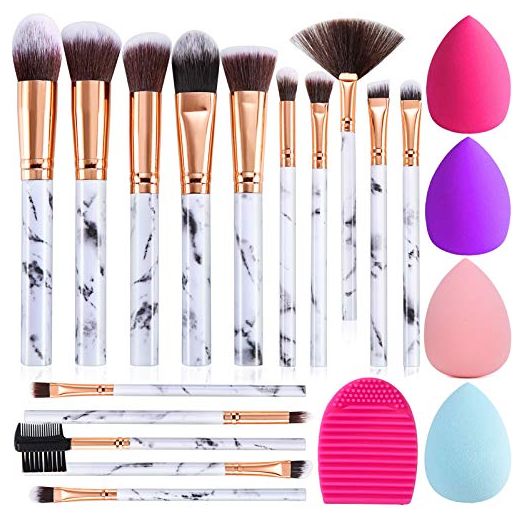 Makeup Brushes DUAIU 15PCs Marble Makeup Brush Set Synthetic Kabuki Powder Blush Contour Foundation Concealer