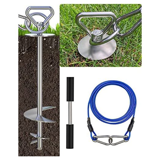 Dog Tie Out Cable and Stake - Dog Accessories with 10 ft Run Cable - Heavy Duty 304Stainless Steel Dog Anchor-Holds 1 Large Dog Over 150LBS Easily -Dog Chain for Yard Outdoor Camping Sandy Beach