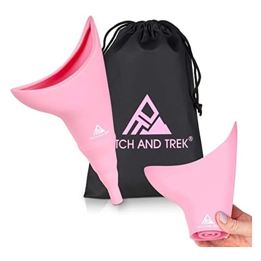 Pitch and Trek Female Urination Device, Silicone Standing Pee Funnel w/Discreet Carry Bag, Pink