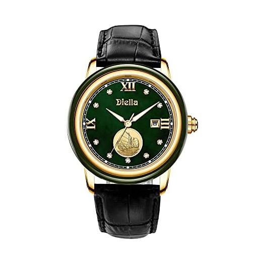 Diella Luxury Dress Watches for Men, Men's Wrist Watches with Japanese Quartz Movement,Gift for Men, Dark Green Jade with Gold Steel Case (AD5002G)