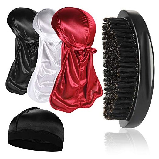 3pcs Silky Durag with Wave Brush for Men 360, Curved Medium/Hard Hair Brush Kits