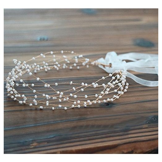 BABEYOND Bridal Headpiece Wedding Headband, Pearl Vintage Wedding Hair Bands for Brides with Lace Ribbon (White Beads)
