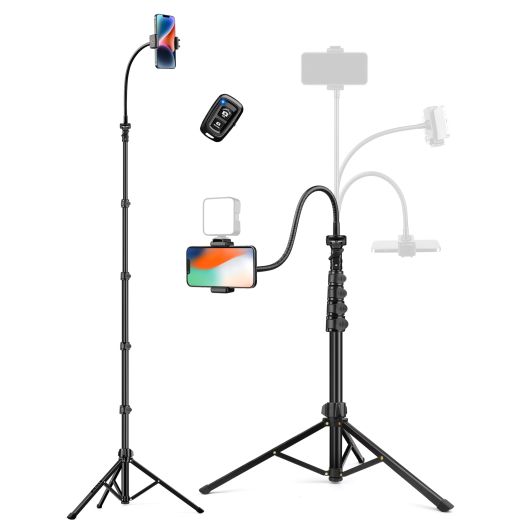 Phone Tripod, 86" Tall Tripod for iPhone with Flexible Gooseneck & Remote, Portable Cellphone Tripod Stand, Aluminum Travel Tripod for Selfies, Video Recording, Compatible with iPhone Android