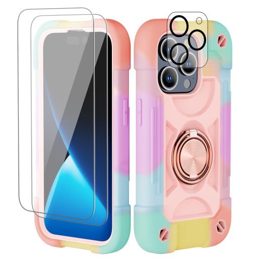 Compatible with iPhone 15 Pro max Case 6.7" - Heavy-Duty Shockproof Military-Grade Rugged Cover with Ring Stand, Glass Screen Protector & Camera Lens Protector (Rainbow Pink)