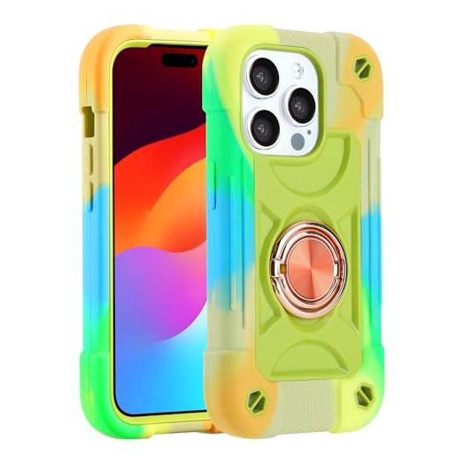 MARKILL Compatible with iPhone 15 Pro Max Case 6.7 Inch with Double Ring Stand, Heavy-Duty Military Grade Shockproof Phone Cover for iPhone 15 Pro Max. (Rainbow Green)