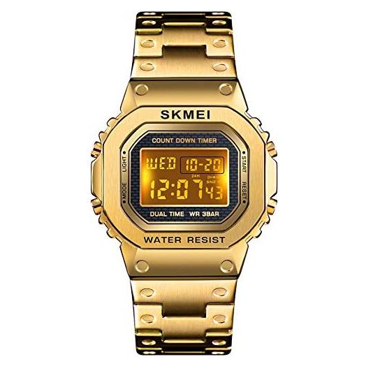 PASOY Men's Digital Multi-Function Watches Stainless Steel Square Case Dual Time Alarm Stopwatch Countdown Backlight Waterproof Watch