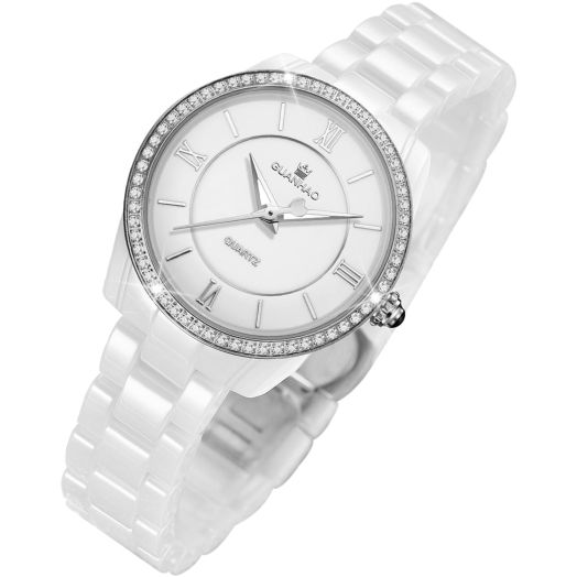 GUANHAO Ladies' White Ceramic Watches, Stainless Steel Case Watch with Diamonds, Water Resistance Simple Casual Analog Watches for Women