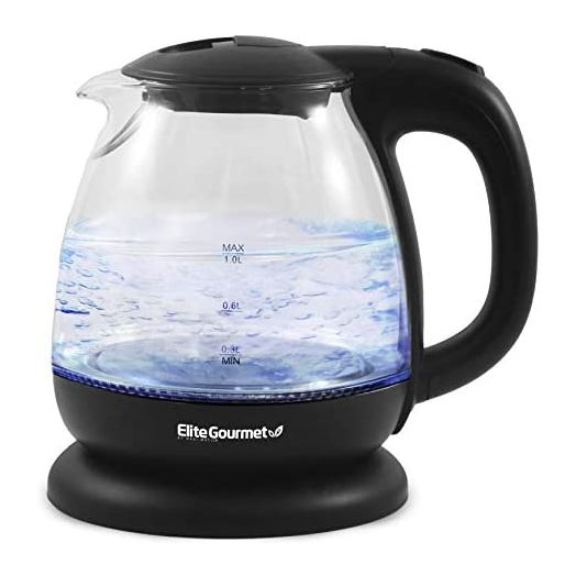 Elite Gourmet EKT1001B Electric 1.0L Glass Kettle, Cordless 360° Base