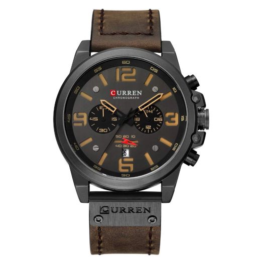 CURREN Dark Brown Chronograph Fashion Trend Multi-Function Waterproof Quartz Watch Leather Strap Military Watch (Coffee)