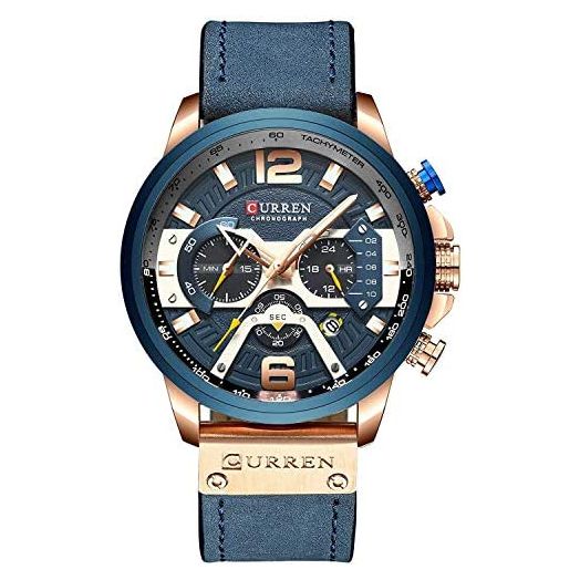 Mens Leather Watch Chronograph Fashion Military Multi-Function Waterproof Quartz Watch Leather Strap (Silver) (Blue)