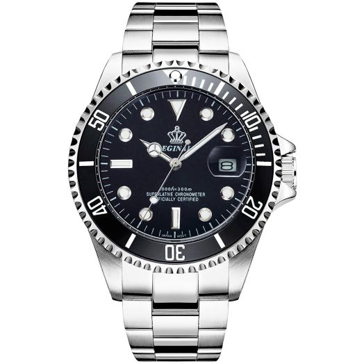 Reginald Watch Men's rotatable Bezel Waterproof Stainless Steel Sports Fashion Quartz Watch Business Watch (Silver Black)