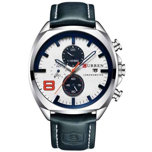 Mens Leather Strap Chronograph Watches Classic Casual Dress Silver Stainless Steel Waterproof Date Analog Quartz Watch (Silver/white)