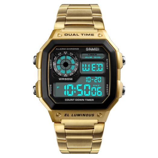 Reginald Watches for men fashion trend gold multifunction waterproof watch LED digital chronograph stainless steel square watches (Gold)