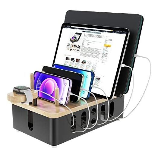Metal Charging Station for Multiple Devices,New Upgrade Wood Charging Station for Phone Tablet Smart Watch Holder Desk Organizers,Matte Black Dock Device Organizer