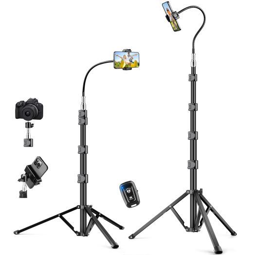 88" Tall Tripod for iPhone, Flexible Phone Tripod Stand with Gooseneck & Remote, Stable Cellphone Tripod for Recording, Floor Tripod for Cell Phone, Compatible with iPhone Android/Camera