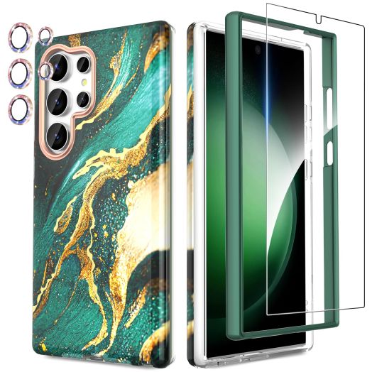 Designed for Samsung Galaxy S24 Ultra Case, with Shiny Camera Cover & Screen Protector, Fade-Proof Chic Pattern, Shockproof Protective, Slim Thin Phone Case for S24 Ultra, Dream Green