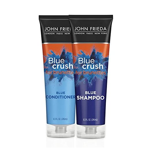 John Frieda Blue Crush Blue Shampoo and Conditioner Set for Brunettes, Crush Brassy Tones for Brunettes, 8.3 Fl Oz