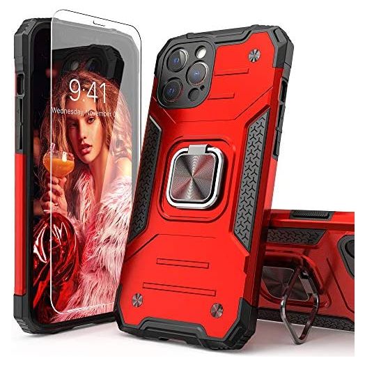 IDYStar Case for iPhone 12 Pro Max with Tempered Glass Screen Protector, Hybrid Drop Test Cover with Card Mount Kickstand Slim Fit Protective Phone Case for iPhone 12 Pro Max 6.7 Inch, Red