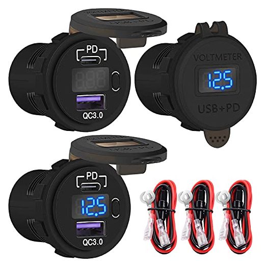 DaierTek 12V USB C Car Charger Socket, 12V USB Outlet, 48W PD Type C & QC 3.0 12 Volt Dual USB Charging Port Waterproof with Voltmeter & ON/Off Switch for Car Marine Boat Golf Cart -3Pack