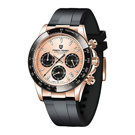 Pagani Design Men's Watch Japanese Quartz Movement Black Rubber Strap Silver/Black/Gold Dial pd1664