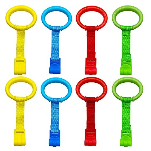 codree 8PCS Baby Crib Pull Rings, 4 Colors Baby Bed Stand Up Rings Baby Cot Hanging Rings Walking Assistant Stand Up Rings for Infant Baby Toddler