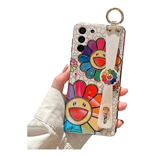 Lastma for Samsung Galaxy S21 FE Case Cute with Wrist Strap Kickstand S21 FE Case 5g Glitter Bling Cartoon IMD Soft TPU Shockproof Protective Phone Cases Cover for Girls and Women - Sunflower