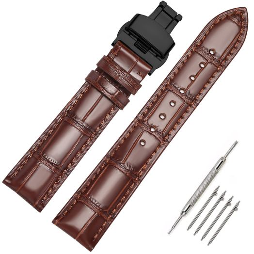 MORAN Quick Release Leather Watch Bands Deployment Butterfly Buckle 18mm 20mm 22mm 24mm Blue Black Brown Calfskin Replacement Watch Strap for Men & Women, Brown-Black buckle