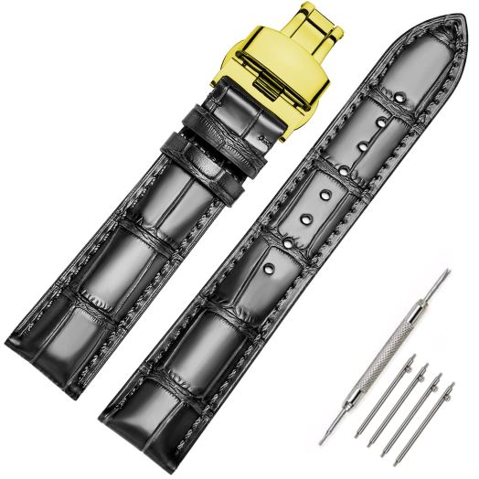 MORAN Quick Release Leather Watch Bands Deployment Butterfly Buckle 18mm 20mm 22mm 24mm Blue Black Brown Calfskin Replacement Watch Strap for Men & Women, Black-Gold buckle