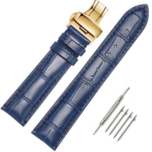 Moran Quick Release Leather Watch Bands Deployment Butterfly Buckle 18mm 20mm 22mm 24mm Blue Black Brown Calfskin Replacement Watch Strap for Men & Women, Blue-Gold Buckle