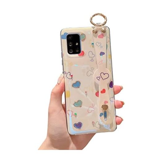 Lastma Samsung Galaxy A71 5G Case Cute with Wrist Strap Kickstand [Not for Verizon A71 5G UW] Glitter Bling Cartoon IMD Soft TPU Shockproof Protective Phone Cases Cover for Girls and Women - Heart
