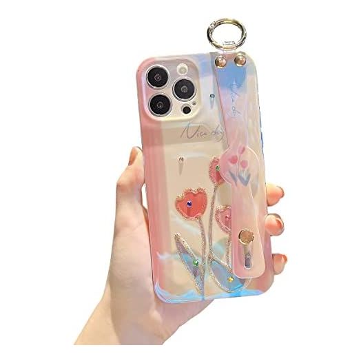 Lastma for iPhone 13 Pro Max Case Cute with Wrist Strap Kickstand Glitter Bling Cartoon IMD Soft TPU Shockproof Protective Cases Cover for Girls and Women - Tulipa