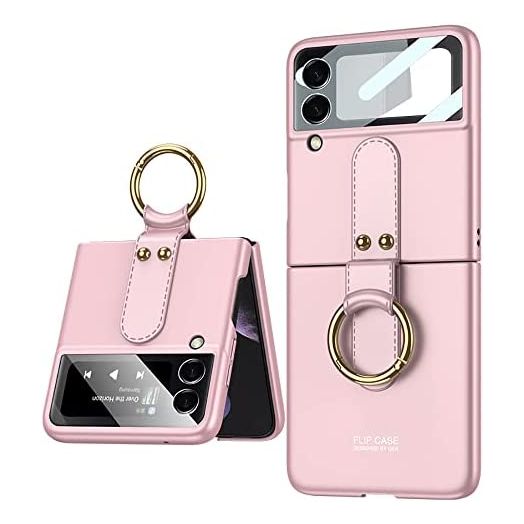 DALUZ Design for Samsung Z Flip 3 5G Case, Ultra Thin Samsung Galaxy Z Flip 3 Case with Ring, Matte Hard PC Protective Cover for Samsung Z Flip 3 5G with Hybrid Glass Back Camera Lens Protector (Pink)