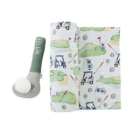 Mud Pie Baby Boy Sport Swaddle & Rattle Set, Golf