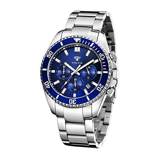VICVS Watch Men's Watch Stainless Steel Men's Luminous Chronograph, Large Dial Waterproof Watch, Wrist Movement Analog Date