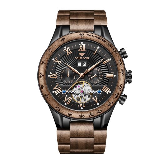 VICVS Natural Walnut Automatic Men's Wooden Watch Sports Date Day Multifunctional Automatic Wooden Watch