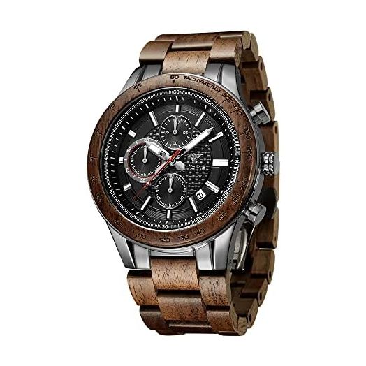 VICVS Men's Wood and Stainless Steel Watches, Chronograph 3 Dials Chronograph Quartz Casual Business Multifunctional Men's Wood Watches, Handmade