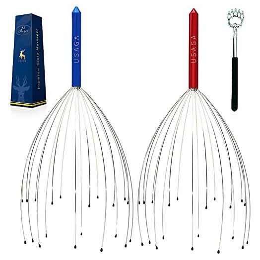 USAGA Head Scratcher, 20 Finger Head Massager, Scalp Massager, Head Whisk Massager for Head Body Stress Relax [2-Pack] Updated Version