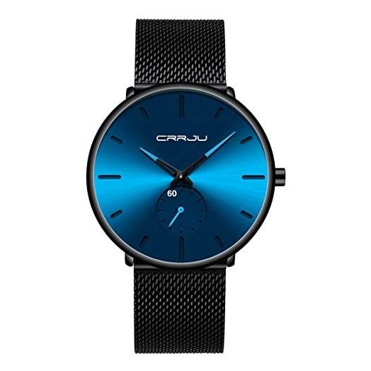 Mens Watches Ultra-Thin Minimalist Waterproof-Fashion Wrist Watch for Men Unisex Dress with Stainless Steel Mesh Band-Blue Hands(Black Band Blue Face)