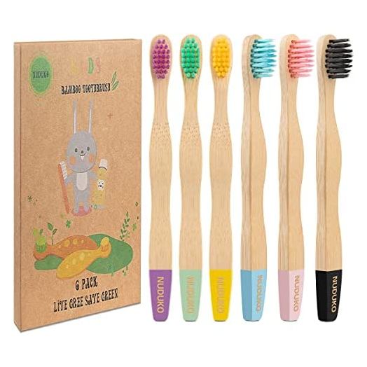 NUDUKO Kids Bamboo Toothbrushes (6 Pack), Soft Bristle Toothbrush for Kids, Eco Friendly Toddler Tooth Brush, Natural Biodegradable Wooden Toothbrushes, Organic Compostable BPA Free